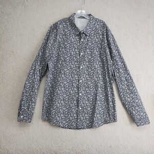 Guess Shirt Mens L Slim Fit Leaf Print Button Up Long Sleeve Cotton Gray Casual